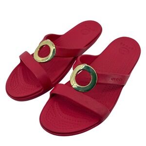 Crocs Sanrah Beveled Circle Slide Sandal Red Gold Women 10 Flip Flop Casual